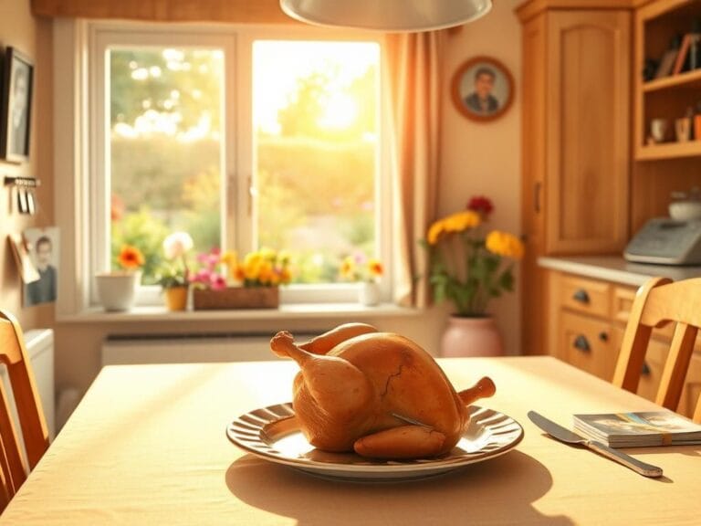 Flick International Cozy kitchen scene featuring a half-cooked roast chicken on a dining table