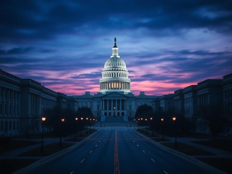 Flick International Aerial view of the U.S. Capitol building at dusk with empty streets and National Guard troops