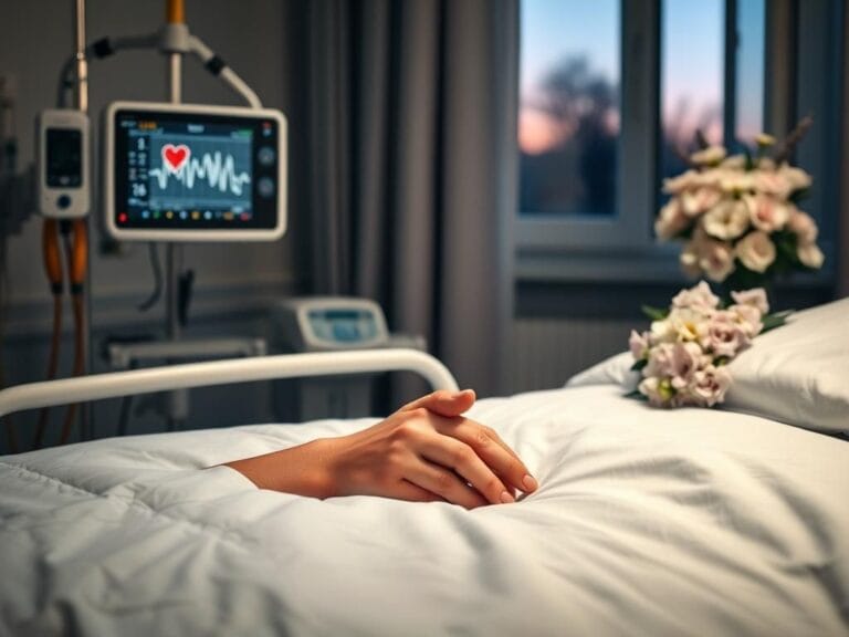 Flick International Scene of a heart monitor flatlining in a softly lit hospital room
