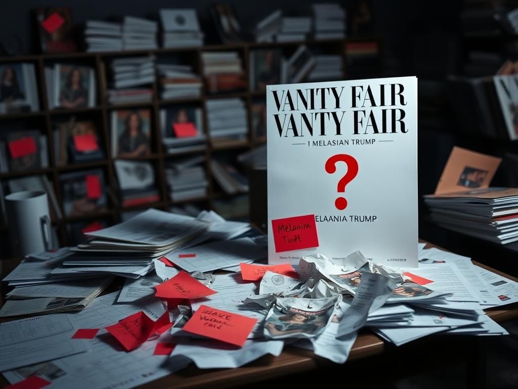 Flick International Chaotic editorial office scene with disheveled desk, papers, and images of Melania Trump