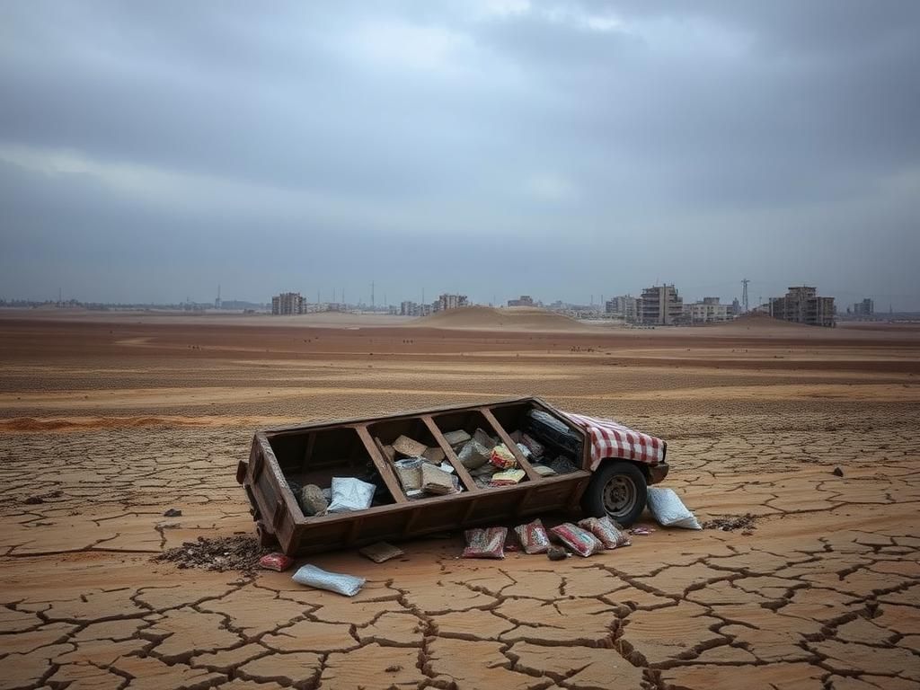 Flick International Barren fields and a rusted food supply vehicle in the Gaza Strip illustrating famine conditions