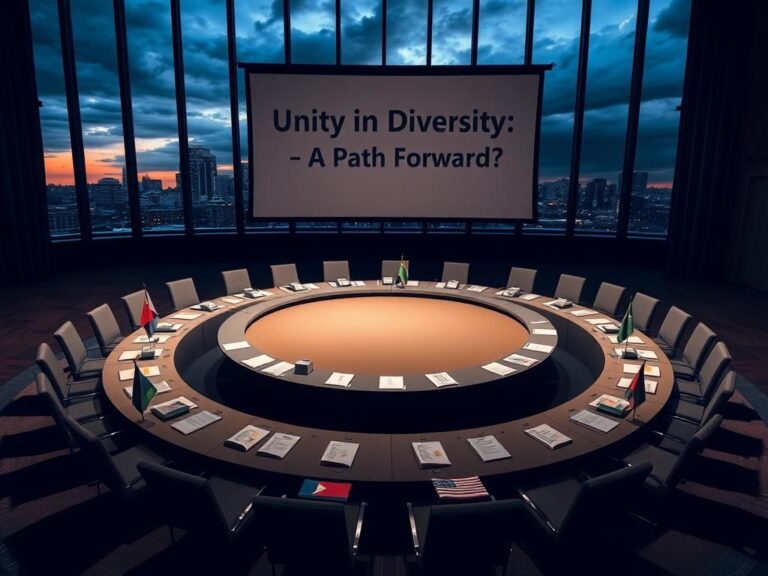 Flick International A divided assembly room with an empty circular conference table surrounded by chairs and symbolic flags representing divergent ideologies.