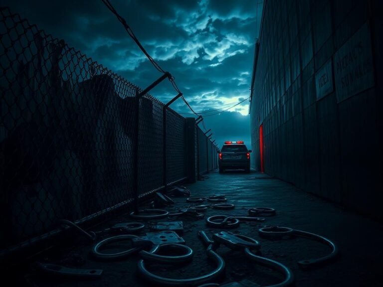 Flick International Dark alleyway representing the struggles of immigration and enforcement with a rusted chain-link fence and broken shackles