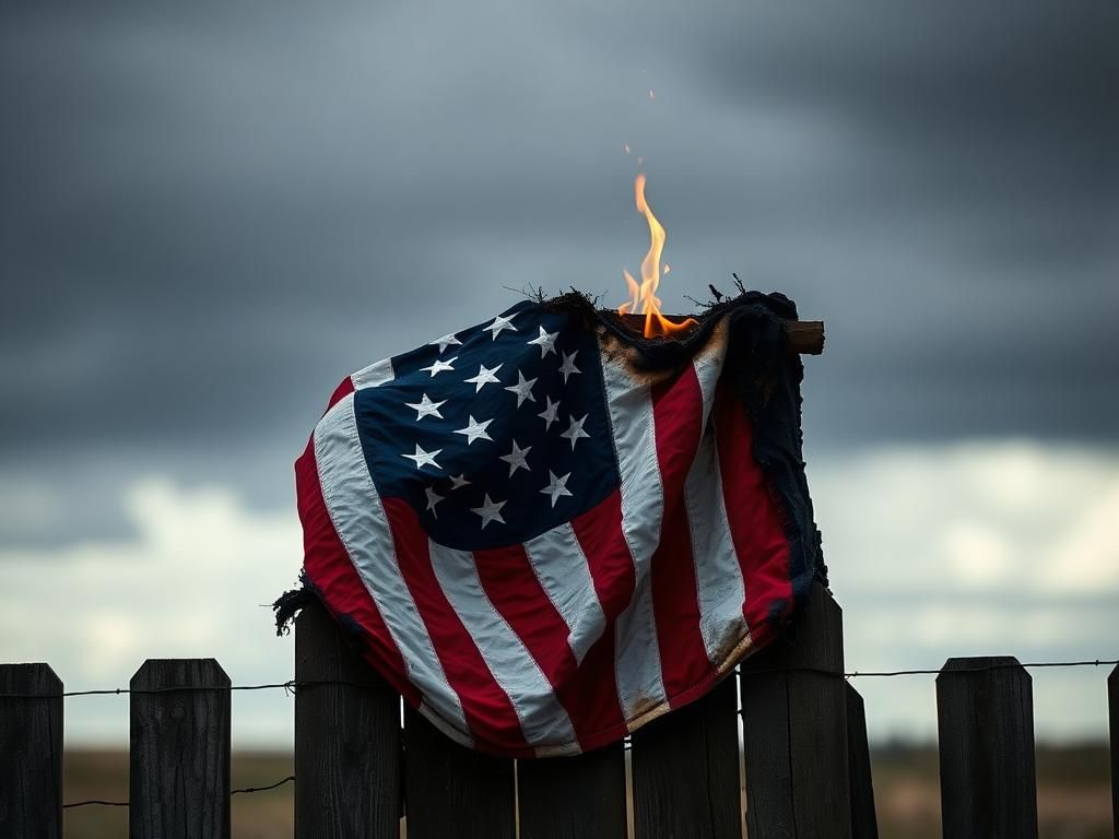 Flick International Close-up of a partially burned American flag draped over a wooden fence