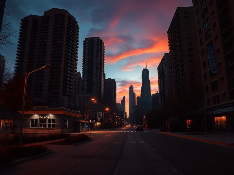 Flick International Dramatic urban landscape of Chicago at dusk with vacant streets and a police station outline