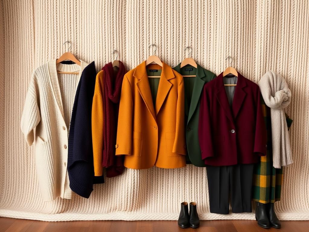 Flick International Cozy fall scene with layered garments including cardigans and blazers in autumn colors