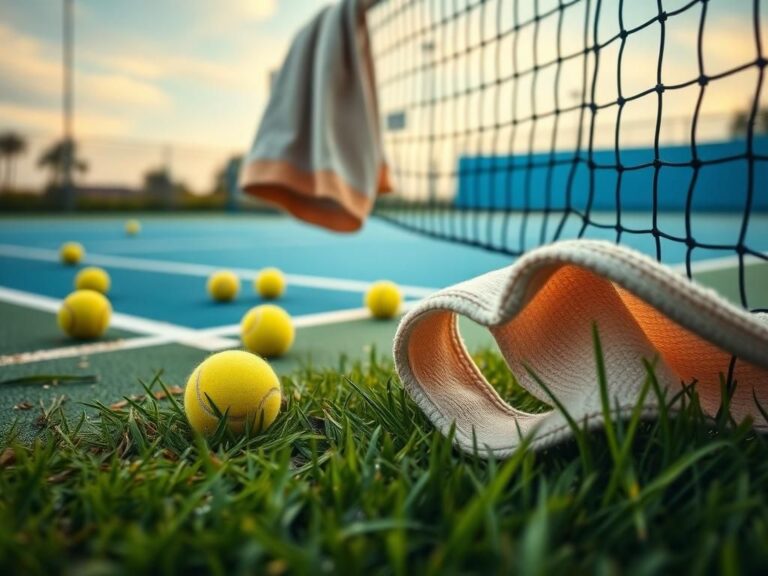 Flick International Close-up of a worn tennis court with scattered tennis balls and a towel over the net