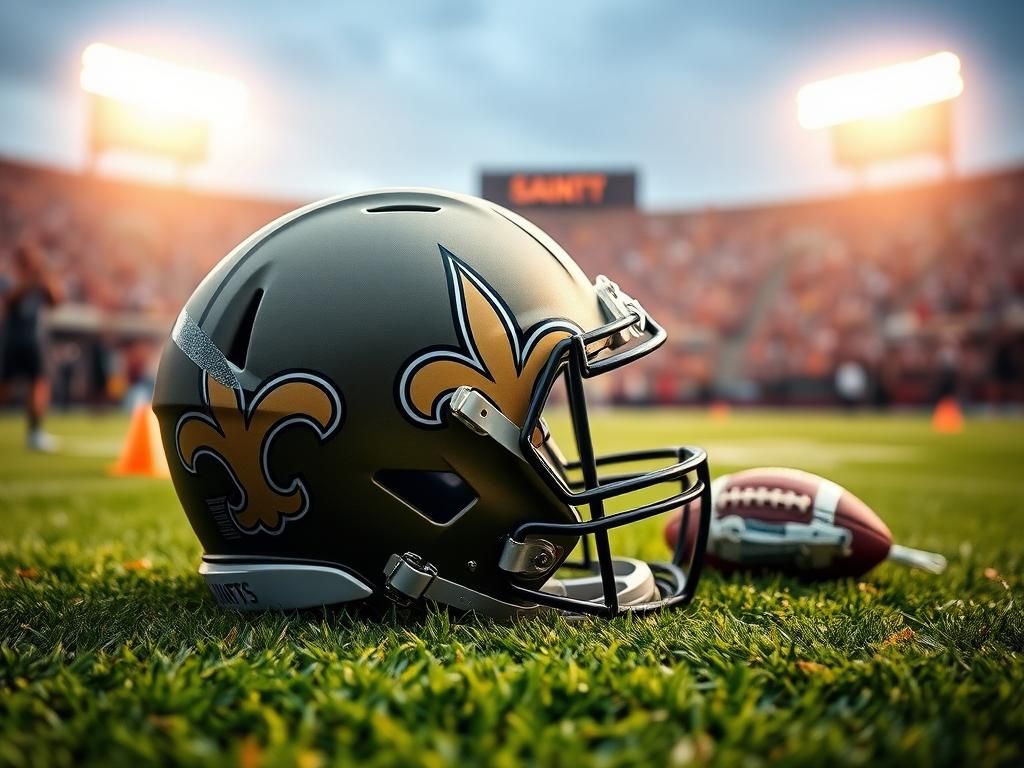 Flick International Close-up of a New Orleans Saints helmet on a grassy field with the logo visible