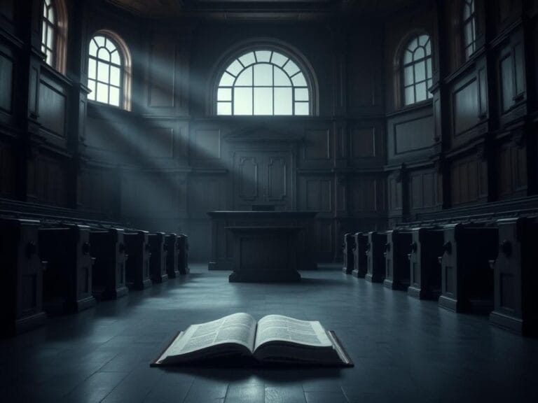 Flick International Dark and solemn interior of a courthouse showcasing an empty courtroom with wooden benches and a judge's bench