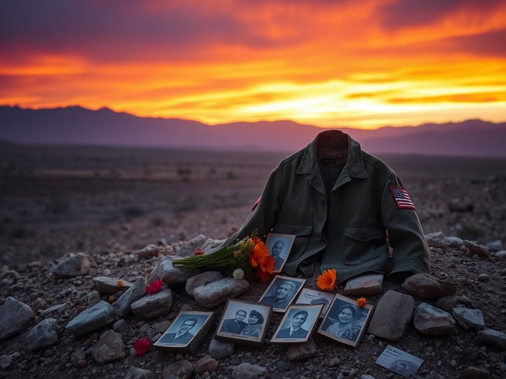 Flick International A worn military jacket draped over a memorial in an Afghan landscape at sunset