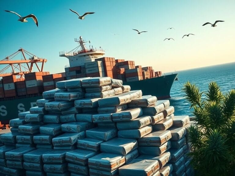 Flick International Large cargo ship docked at a port with drug seizure packages in the foreground