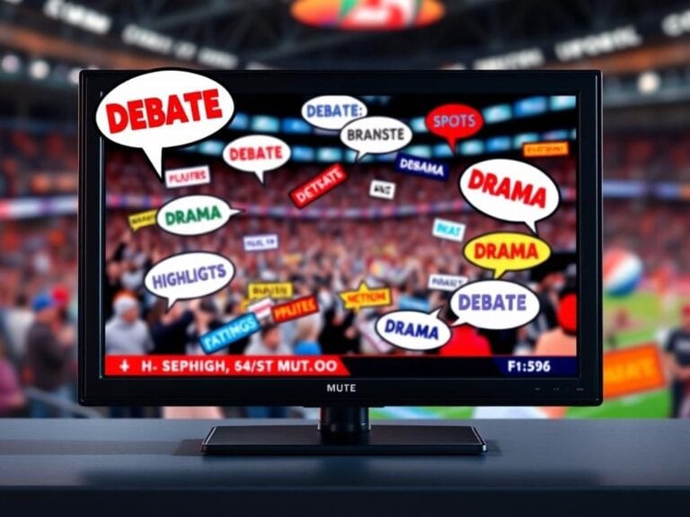 Flick International A digitally rendered TV set depicting a chaotic sports talk show environment