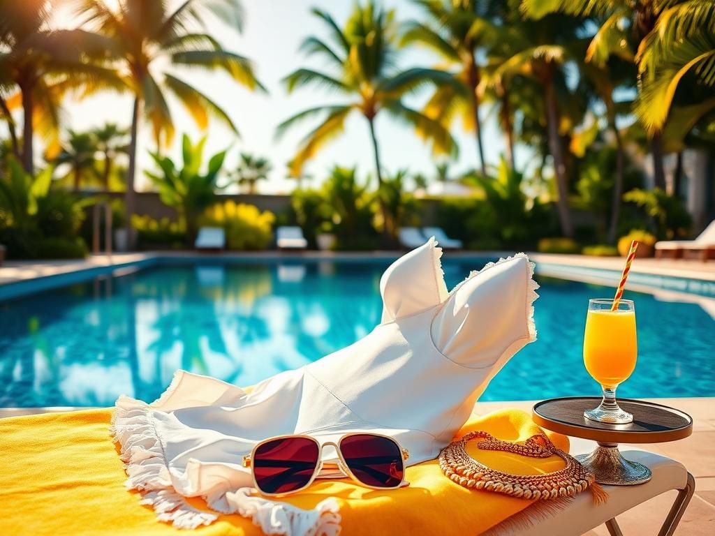 Flick International Claudia Schiffer wearing a white one-piece swimsuit lounging poolside for her birthday.