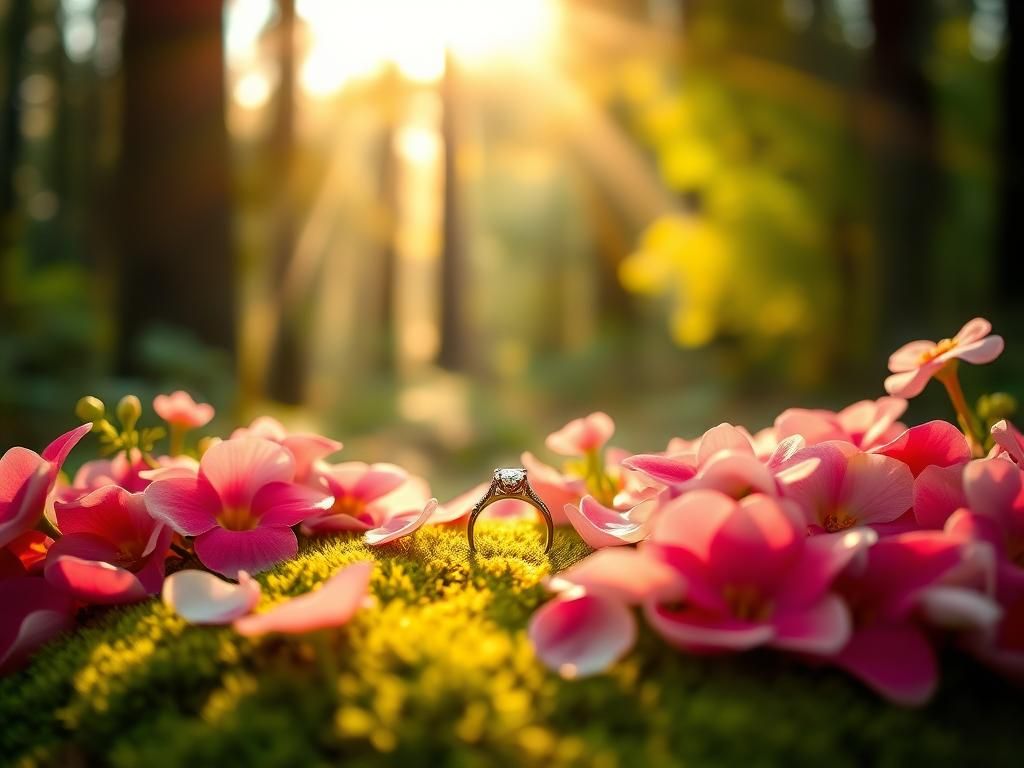 Flick International Engagement ring surrounded by vibrant flowers in a serene forest setting