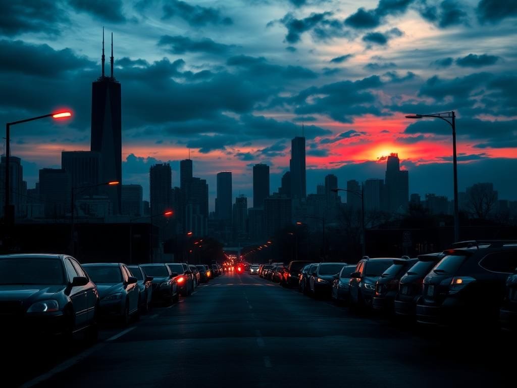Flick International Dramatic skyline of Chicago at dusk with ominous National Guard vehicles