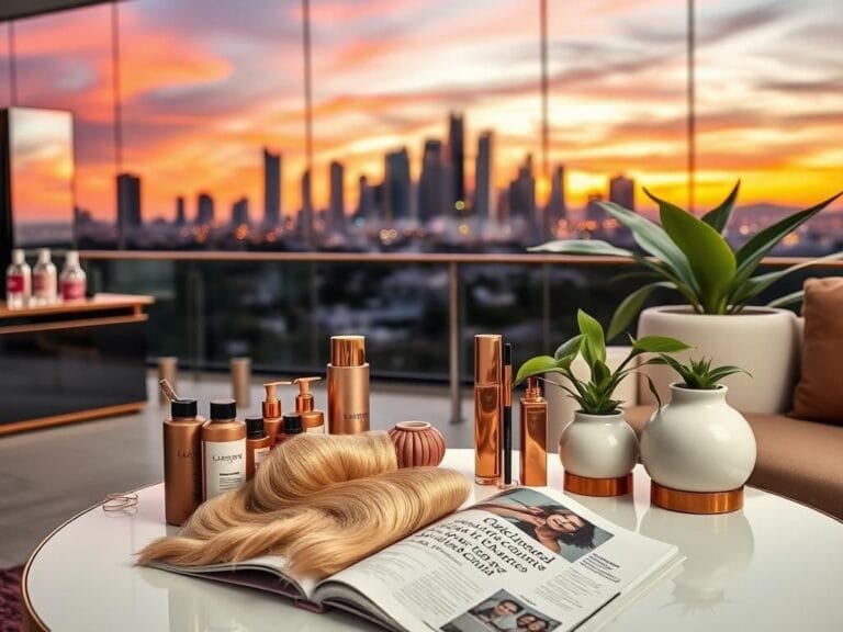 Flick International Elegant hair salon with vibrant blonde hair color swatches and glamorous Los Angeles skyline at sunset