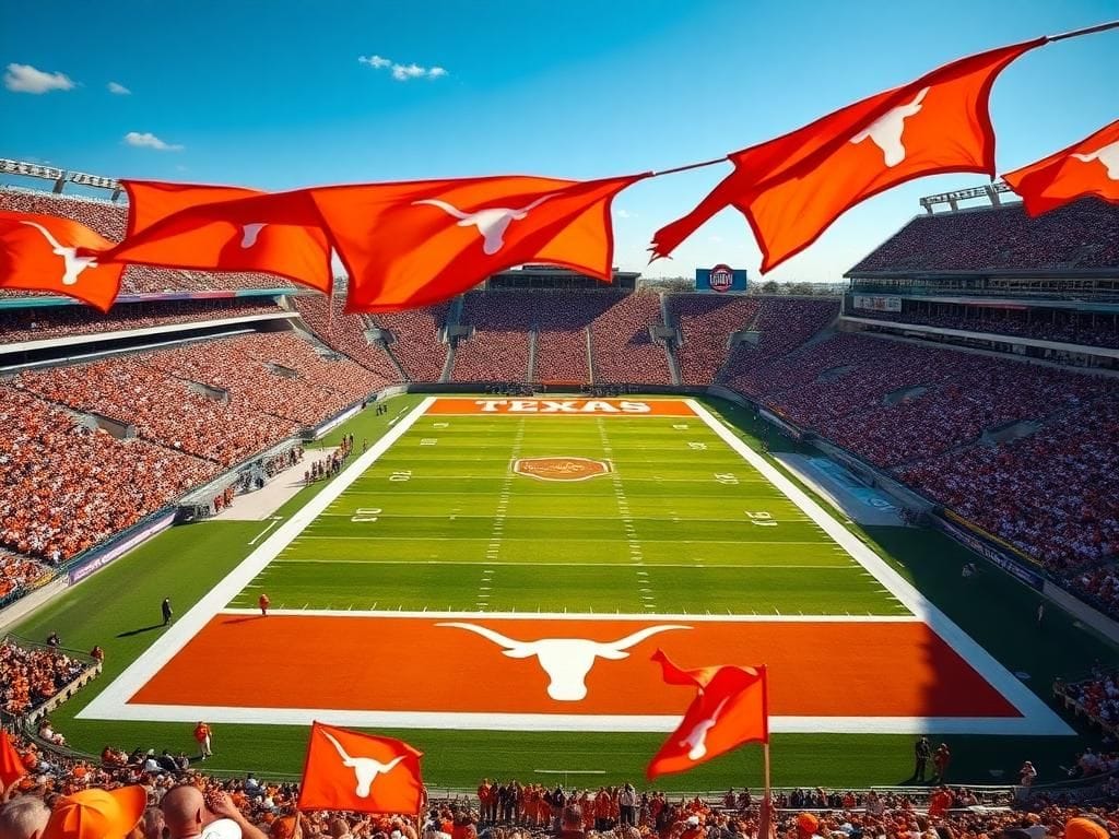 Flick International A packed college football stadium with Texas Longhorn flags waving proudly