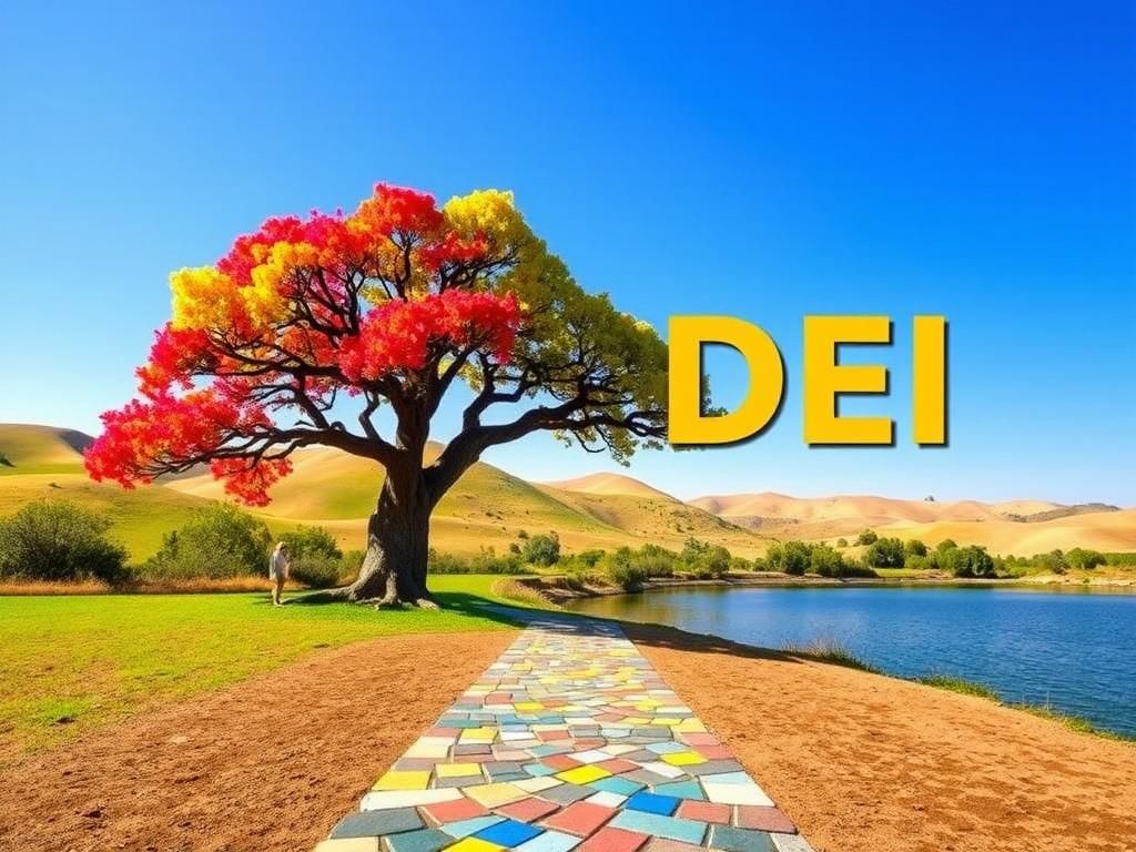 Flick International A vibrant outdoor scene showcasing diversity with a majestic tree and colorful leaves symbolizing various cultures.