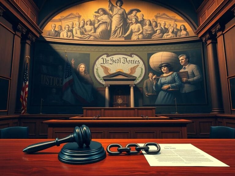 Flick International A dramatic courtroom scene in a grand federal courthouse showcasing justice and authority.