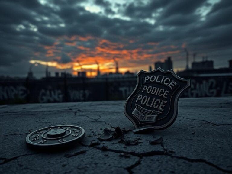 Flick International A dark city landscape at dusk with a shattered police badge symbolizing law enforcement challenges