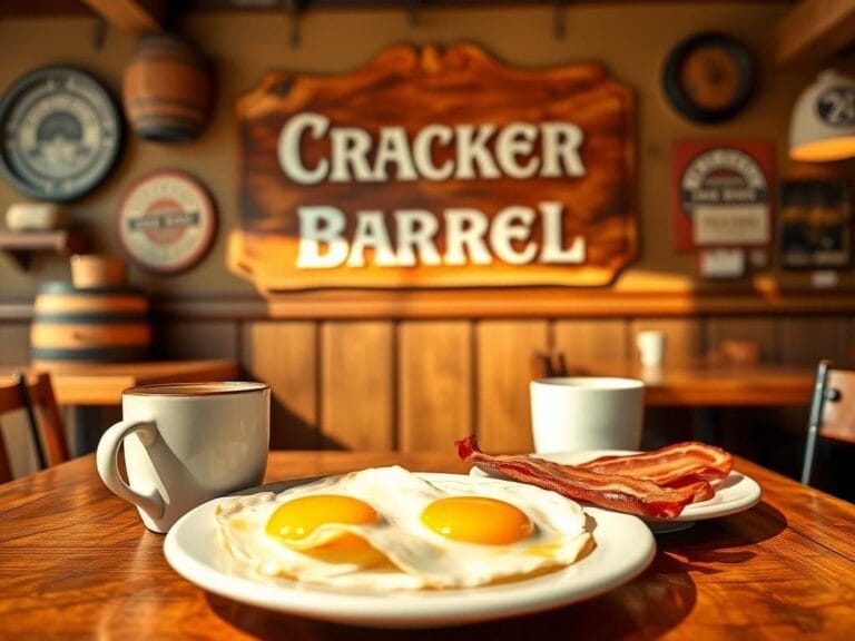 Flick International Cozy breakfast scene featuring sunny-side-up eggs, crispy bacon, and coffee in a rustic diner setting