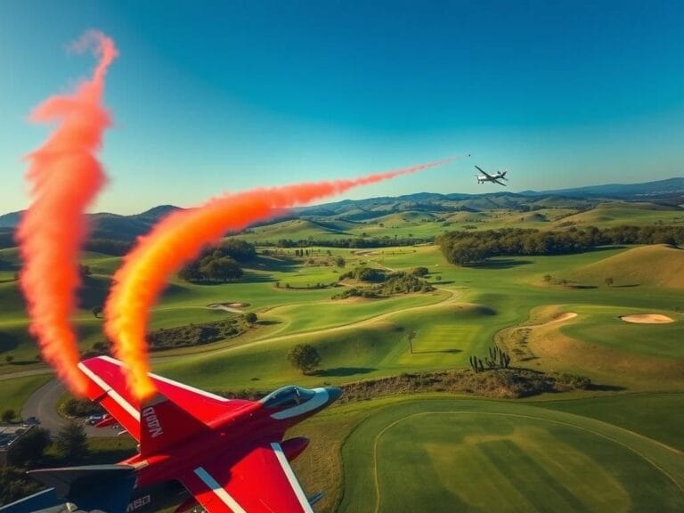 Flick International A NORAD fighter jet releasing colorful flares over a serene golf course near Bedminster, New Jersey.