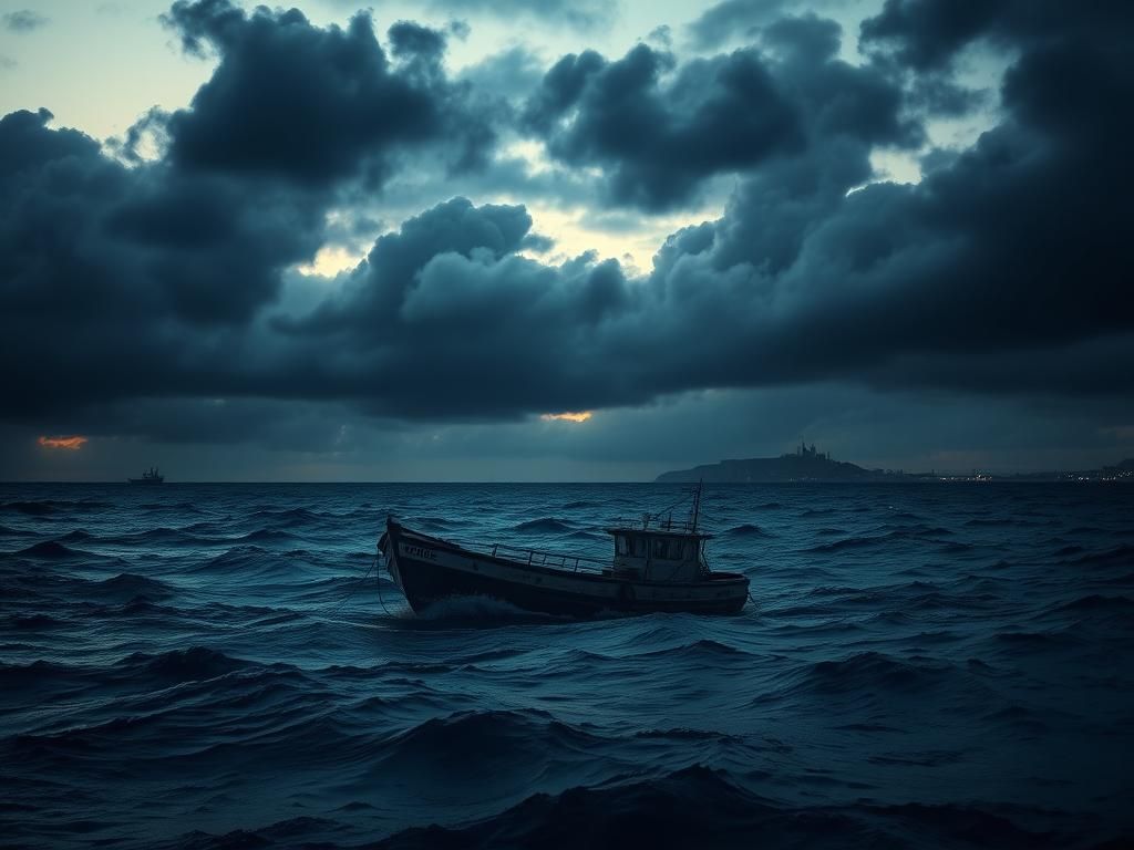 Flick International A dramatic scene of a weather-worn boat adrift in the turbulent English Channel at dusk, symbolizing the perilous journeys of asylum seekers.