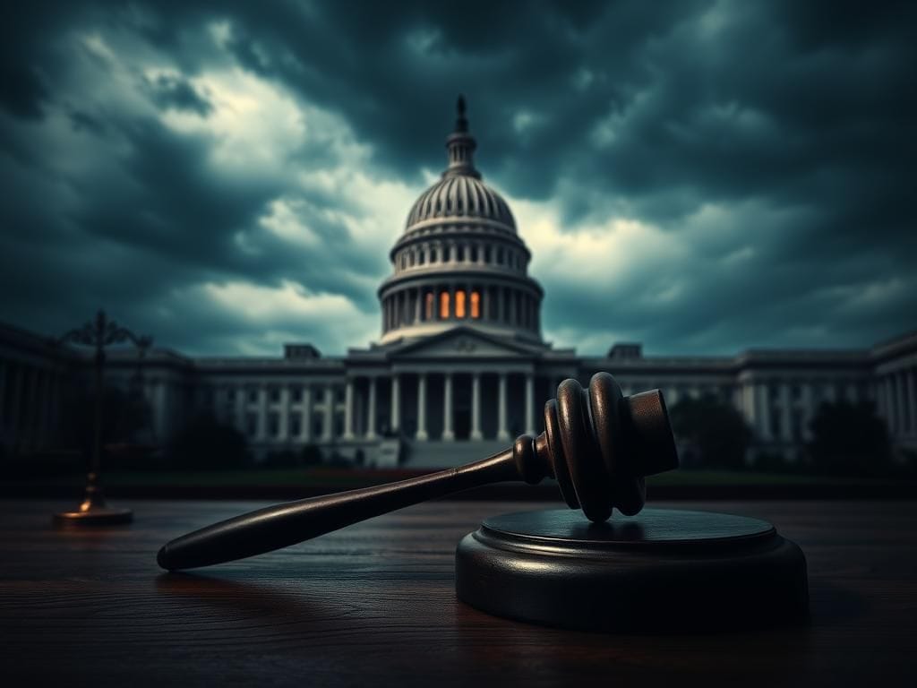 Flick International Silhouette of the U.S. Capitol against a stormy sky, symbolizing political tension