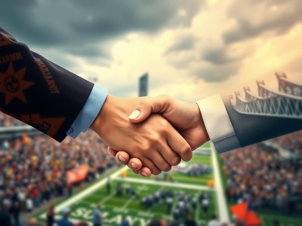 Flick International Political handshake over blurred Army-Navy game background