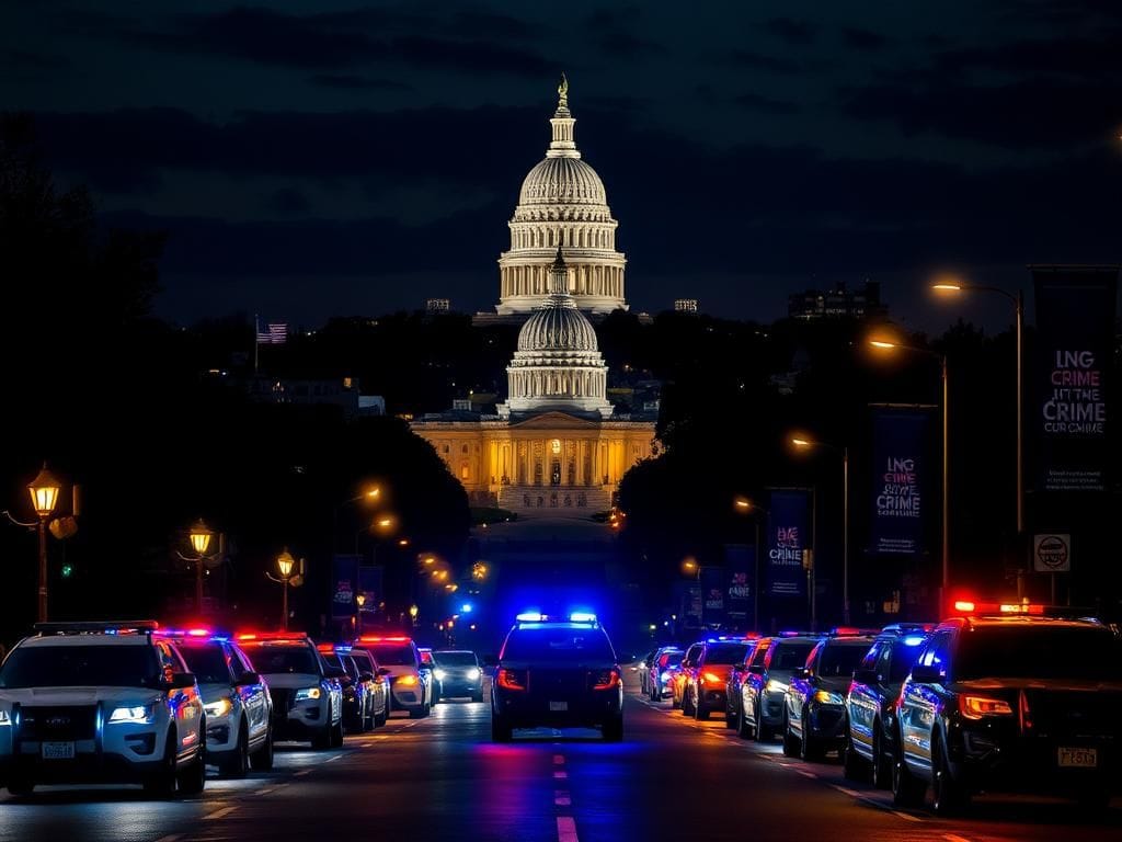 Flick International Nighttime cityscape of Washington, D.C. with empty police cars and National Guard vehicles