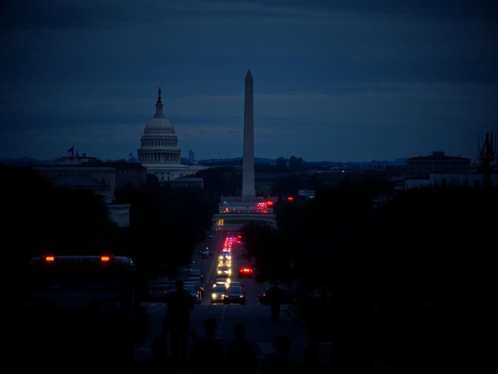Flick International Twilight view of Washington D.C. with Capitol Building and Washington Monument under a tense atmosphere