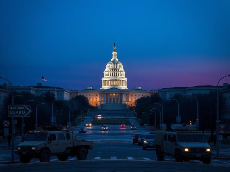 Flick International Panoramic view of Washington D.C. at dusk with armored vehicles symbolizing National Guard presence