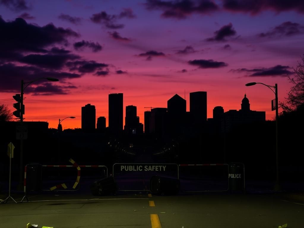 Flick International Cincinnati skyline at dusk with chaotic street remnants