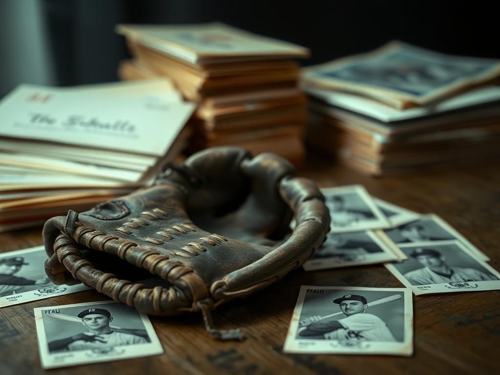 Flick International A close-up view of an old baseball glove and faded baseball cards reminiscent of MLB legends