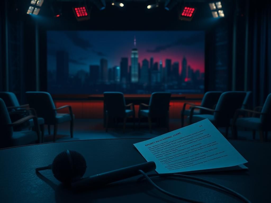 Flick International A dimly lit late-night television studio symbolizing political disillusionment