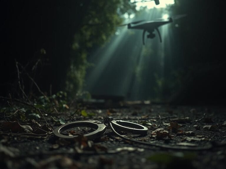 Flick International A pair of handcuffs resting on the ground in a dimly lit wooded area, surrounded by fallen leaves and twigs.