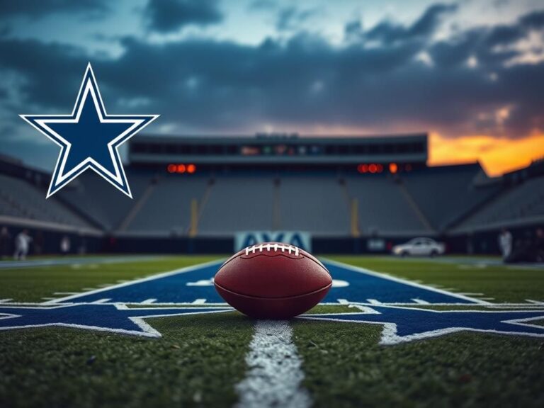 Flick International Close-up of a football placed at the center of a twilight football field with Dallas Cowboys colors