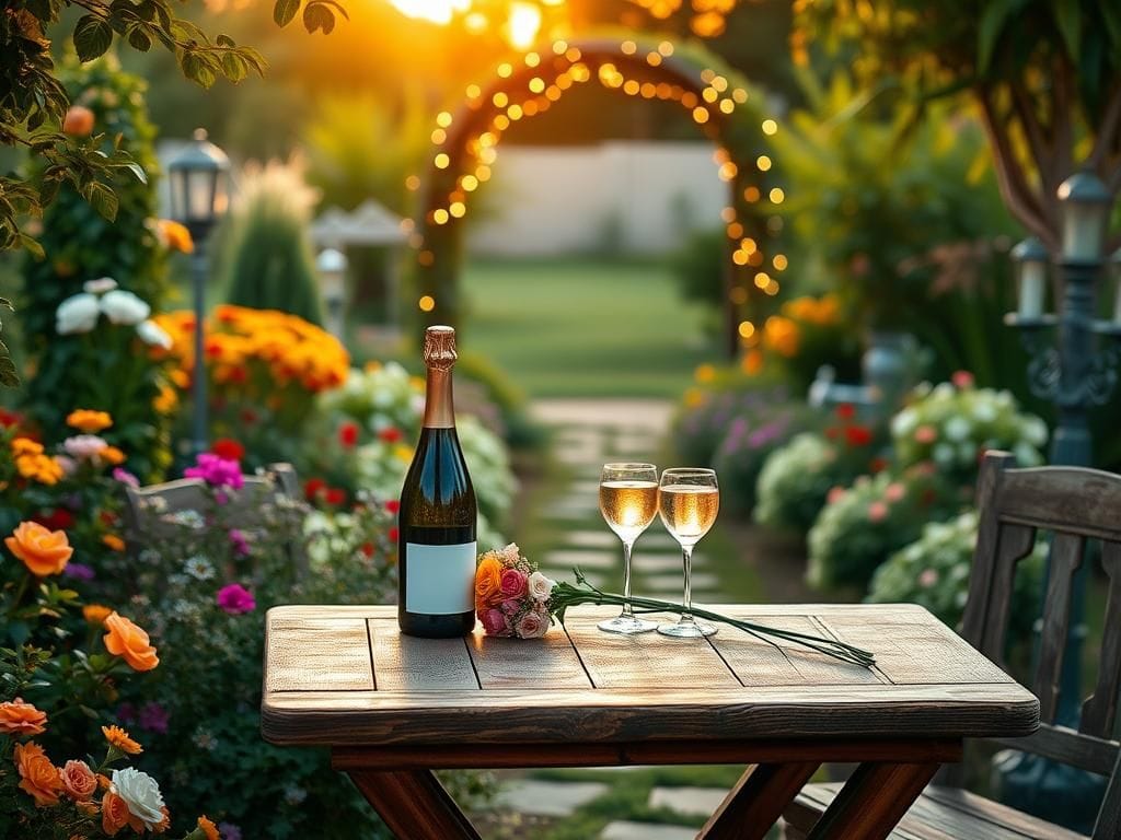 Flick International Romantic garden setting featuring a vintage-style table for two with wine and flowers