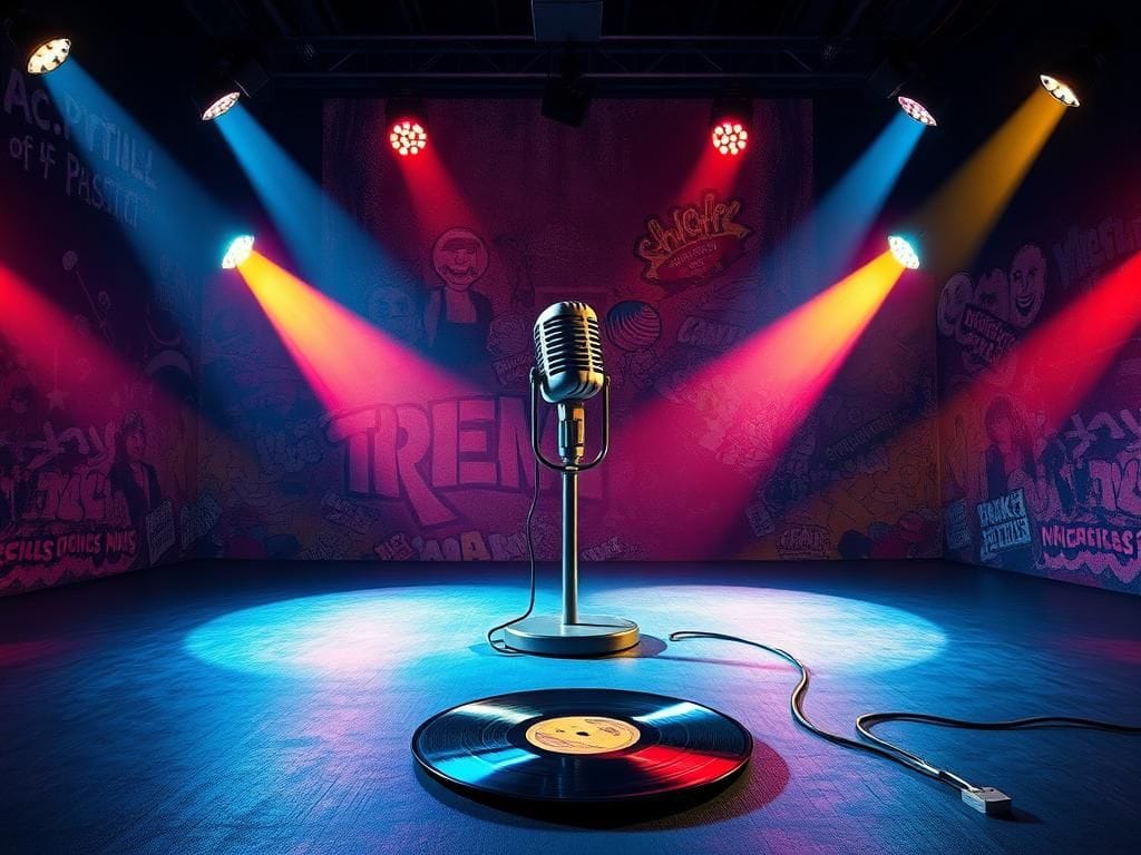 Flick International Dramatic stage scene with a large microphone and colorful spotlights