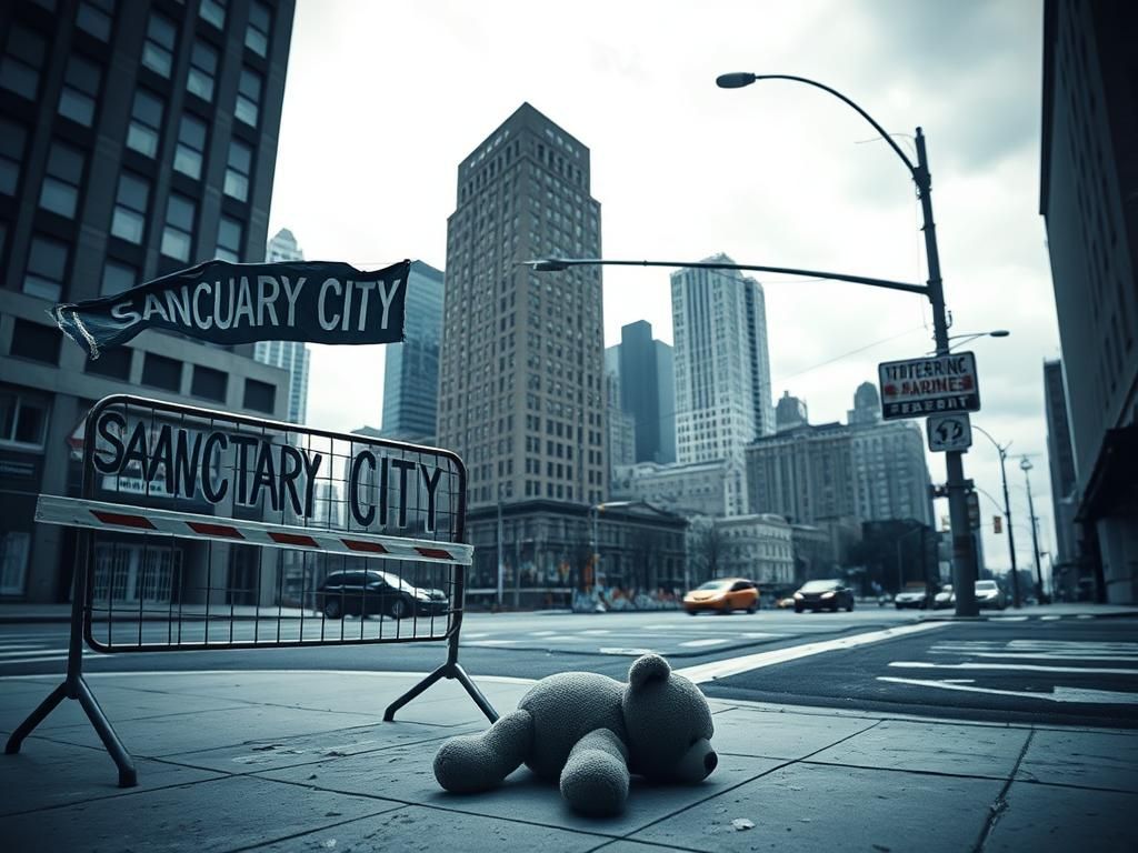 Flick International A deserted New York City intersection with a police barricade and a weathered 'Sanctuary City' sign, capturing a tense urban atmosphere.
