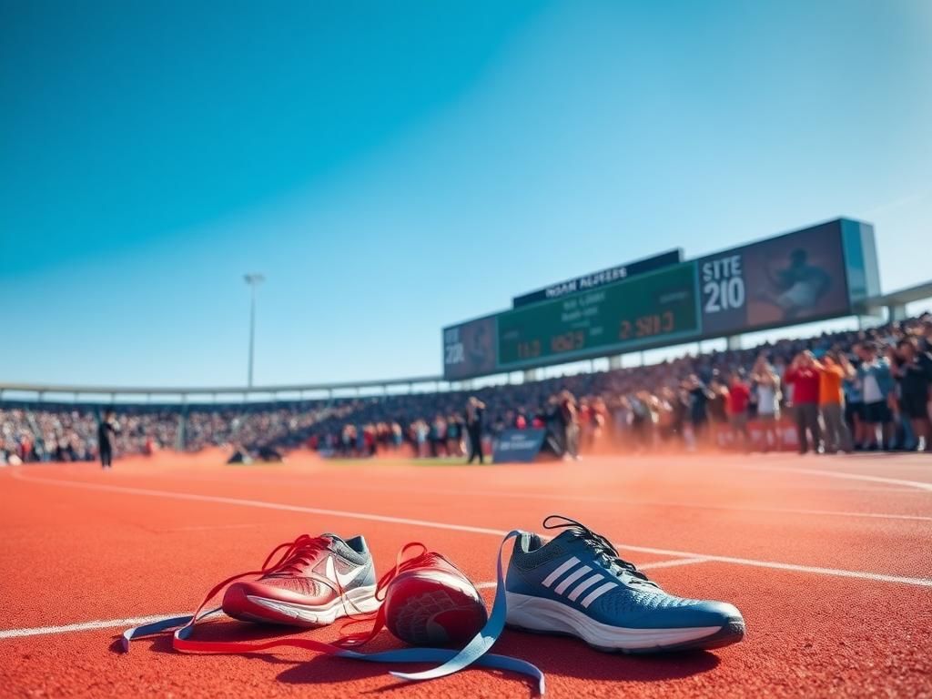 Flick International Running shoes symbolizing the rivalry between Noah Lyles and Kenny Bednarek on the track after the 200-meter final.
