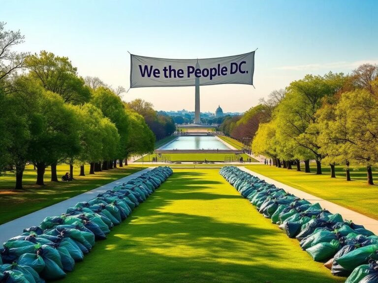 Flick International Serenity in Lafayette Park with stacked trash bags and 'We the People DC' banner