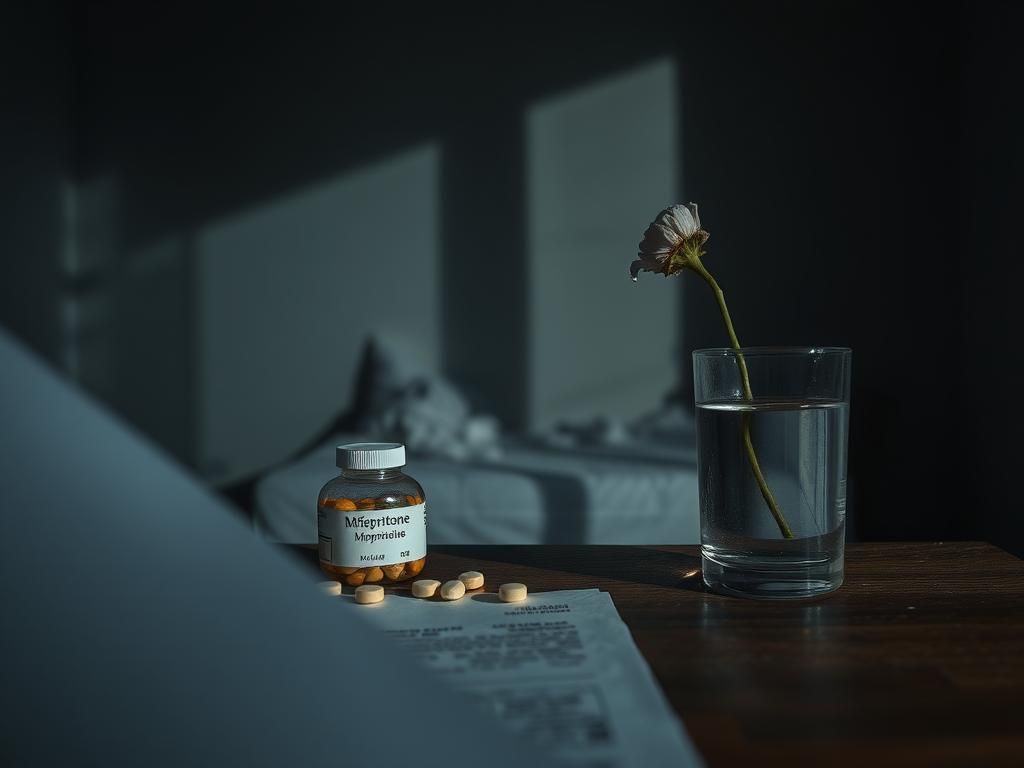 Flick International Dimly lit room with unmarked abortion pills on a bedside table