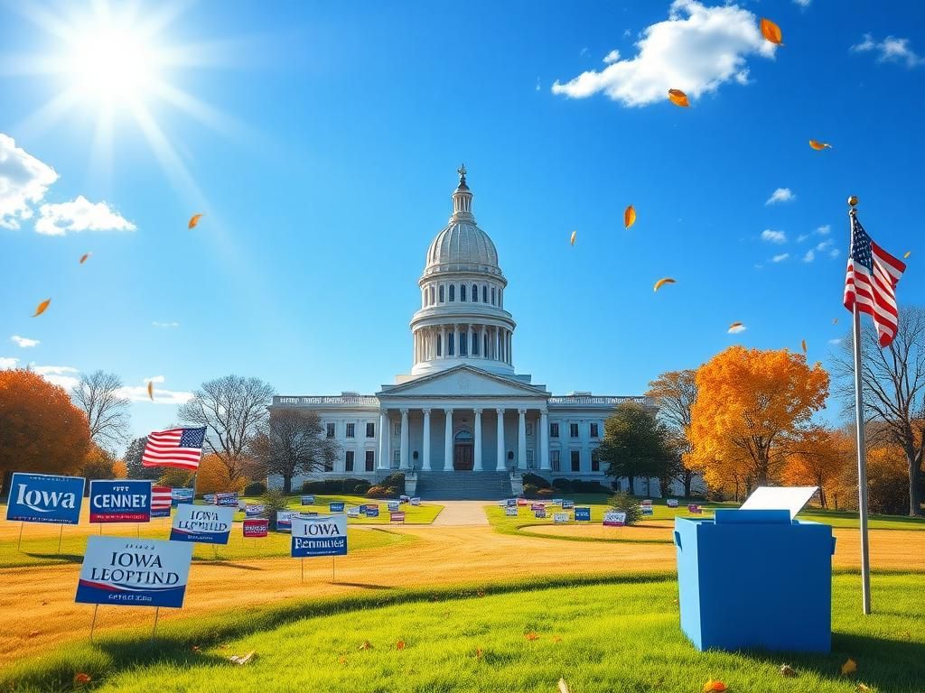 Flick International Stylized depiction of the Iowa state Capitol building surrounded by campaign materials symbolizing Democratic governance
