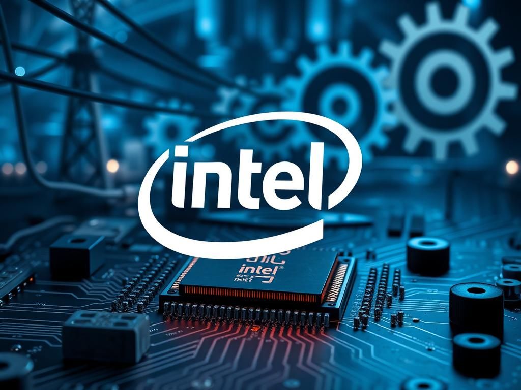 Flick International A large, stylized Intel logo on a futuristic circuit board symbolizing technology and government involvement