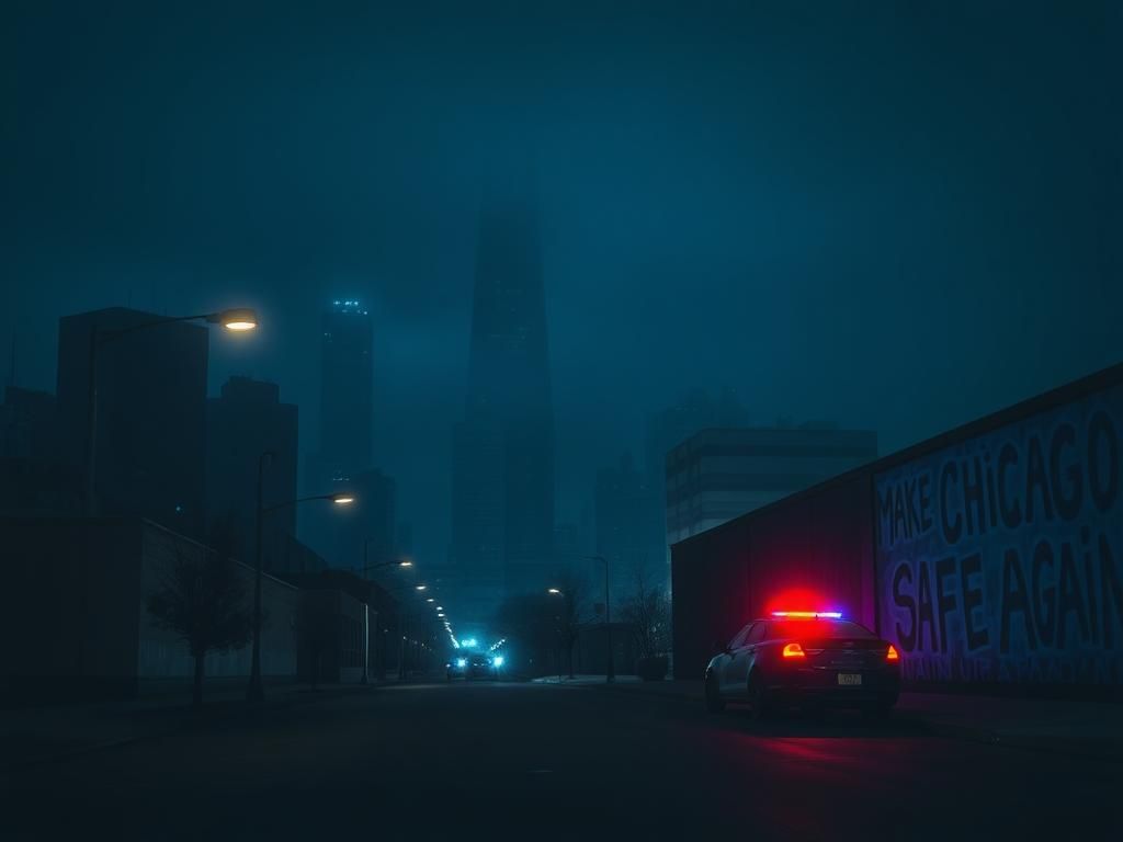 Flick International A somber urban scene of the Chicago skyline at night with fog and empty streets
