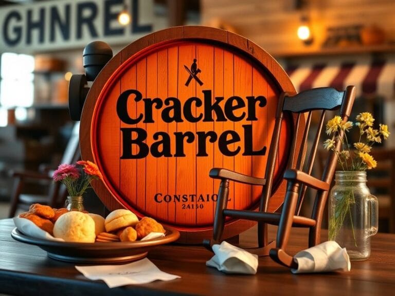 Flick International Rustic wooden sign featuring the classic Cracker Barrel logo with a vintage barrel and a rocking chair.