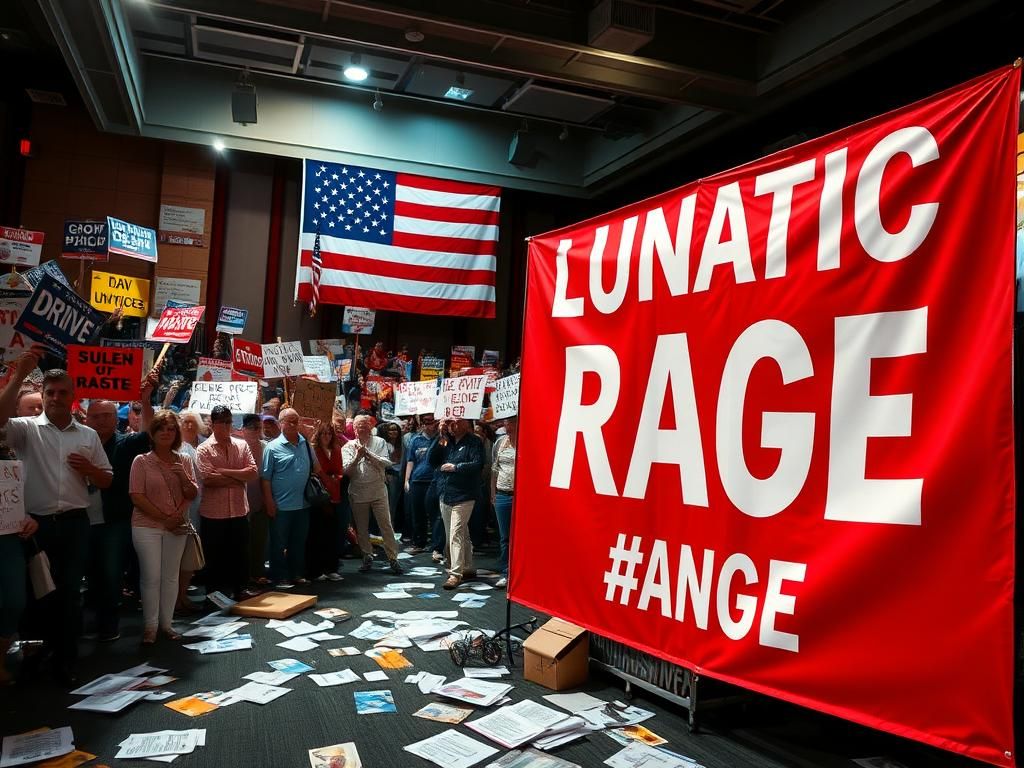 Flick International A vibrant town hall meeting scene in Greenville, South Carolina, filled with political signs and an American flag.