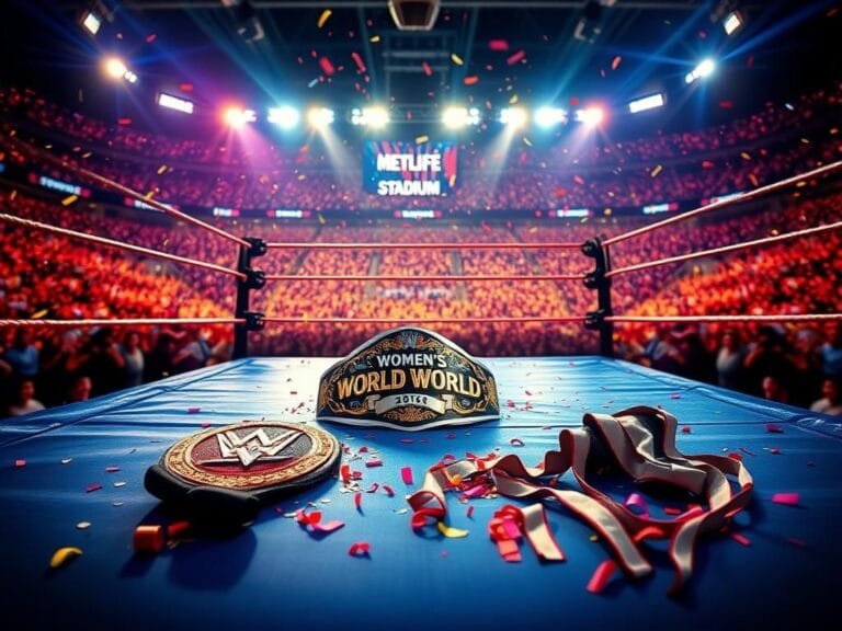 Flick International Dynamic wrestling ring at MetLife Stadium featuring the Women's World Championship belt and colorful confetti