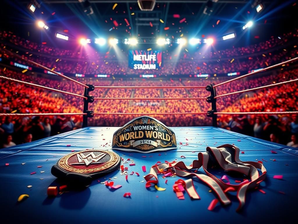 Flick International Dynamic wrestling ring at MetLife Stadium featuring the Women's World Championship belt and colorful confetti